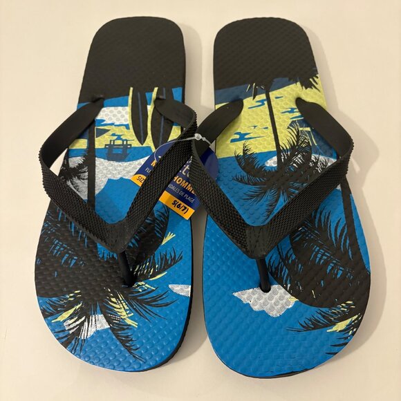 Juncture Mens NEW w‎ Tag Flip Flops Size S(6/7) Beach Print Black & Blue Sandals - Picture 1 of 6